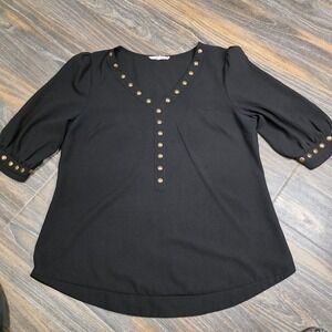 41 Hawthorne Womens Black V Neck Gold Studded Accent‎ Blouse Size Medium